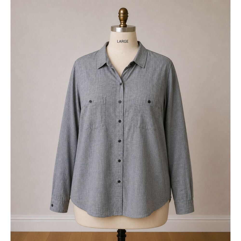 Maurices Womens XL Gray Chambray‎ Button Front Top Casual Office Blouse